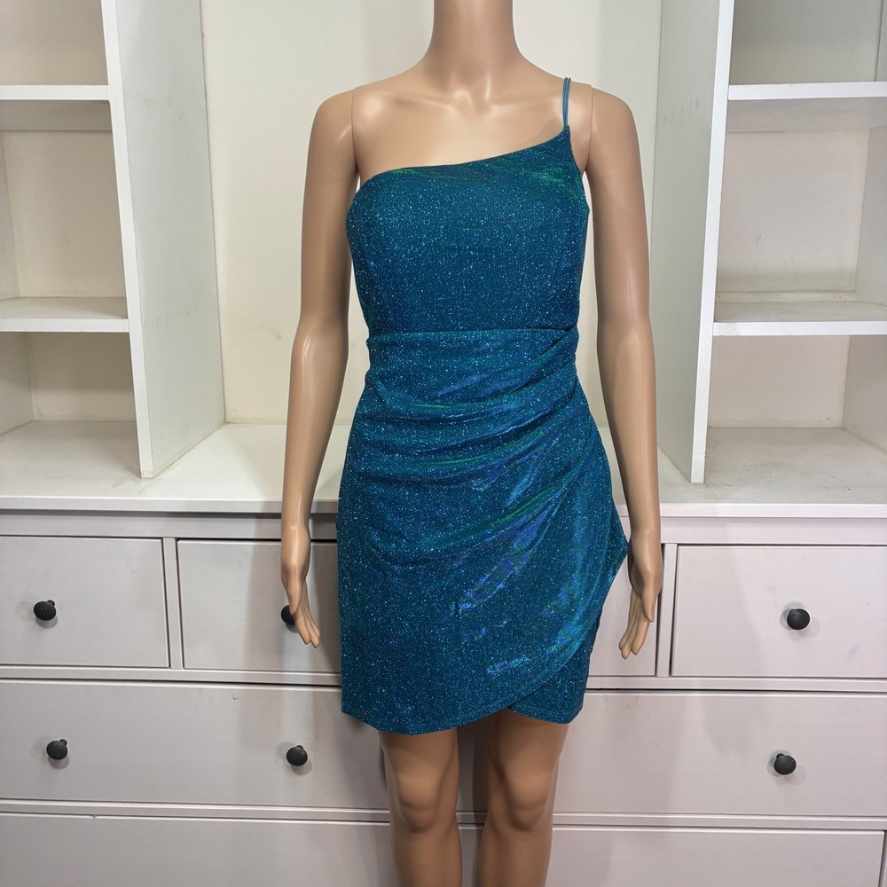 Josuin Windsor Sparkle One Shoulder Ruched Bodycon Mini Dress Teal